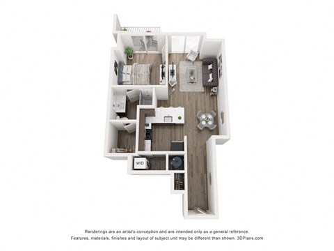 Floor plan for 1 bed, 1 bath, 723 sqft